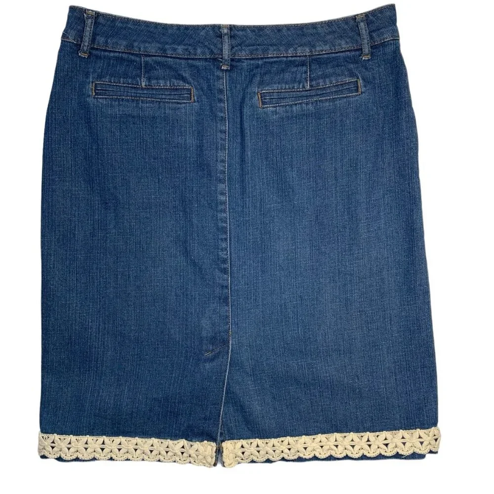 Sonoma Denim Pencil Jean Skirt Flower Applique Boho Crochet Trim Womens 8
